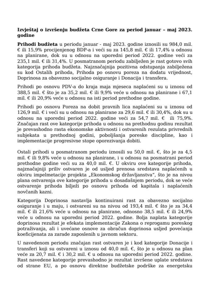 Саопштење - Извјештај о извршењу буџета Црне Горе за период јануар - мај 2023. године