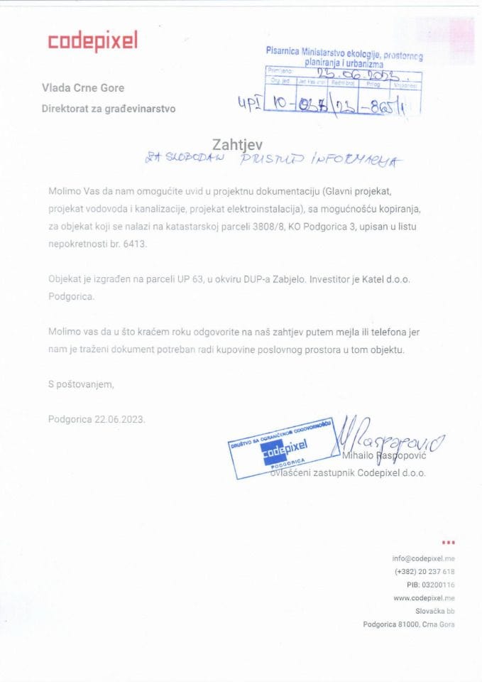 Zahtjevi - Slobodan pristup informacijama - UPI 10_037_23_865_1 Codepixel DOO