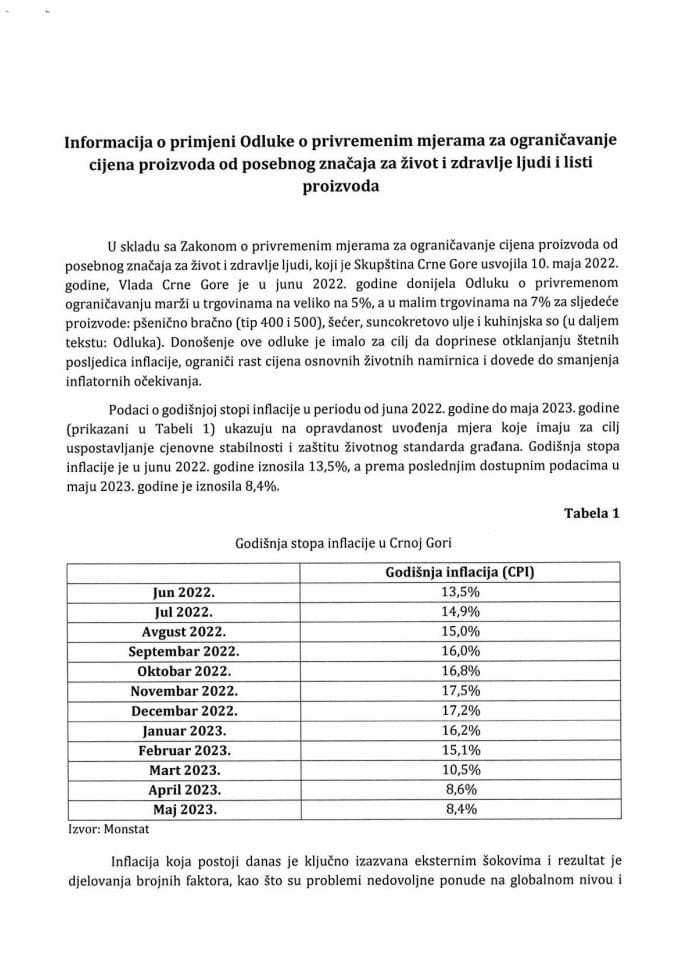 Informacija o primjeni Odluke o privremenim mjerama za ograničavanje cijena proizvoda od posebnog značaja za život i zdravlje ljudi i listi proizvoda sa Prijedlogom odluke o izmjeni Odluke