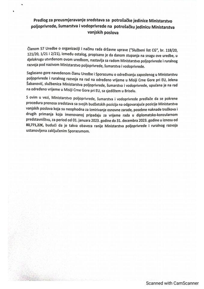 Приједлог за преусмјеравање средстава са потрошачке јединице Министарство пољопривреде, шумарства и водопривреде на на потрошачку јединицу Министарства вањских послова (без расправе)