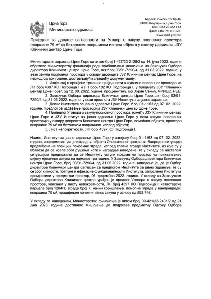 Приједлог за давање сагласности на Уговор о закупу пословног простора поврђшине 79 m² са бетонском површином испред објекта у оквиру дворишта ЈЗУ Клинички центар Црне Горе (без расправе)