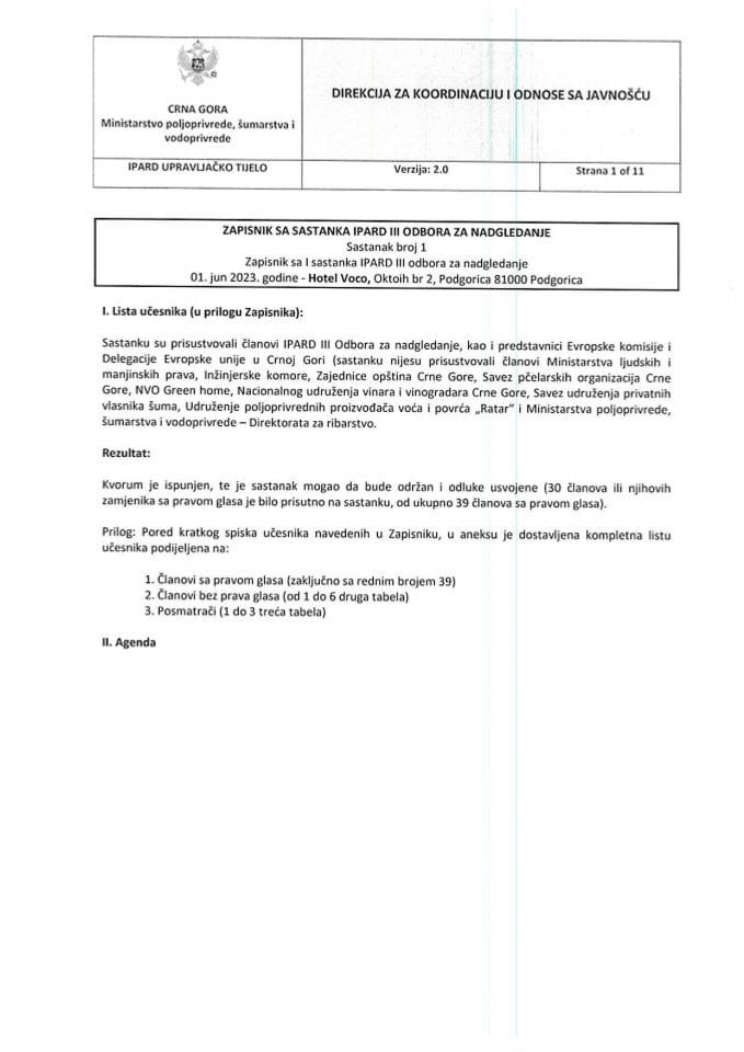 MNE - Zapisnik sa PRVOG sastanka IPARD III odbora 01.06.2023
