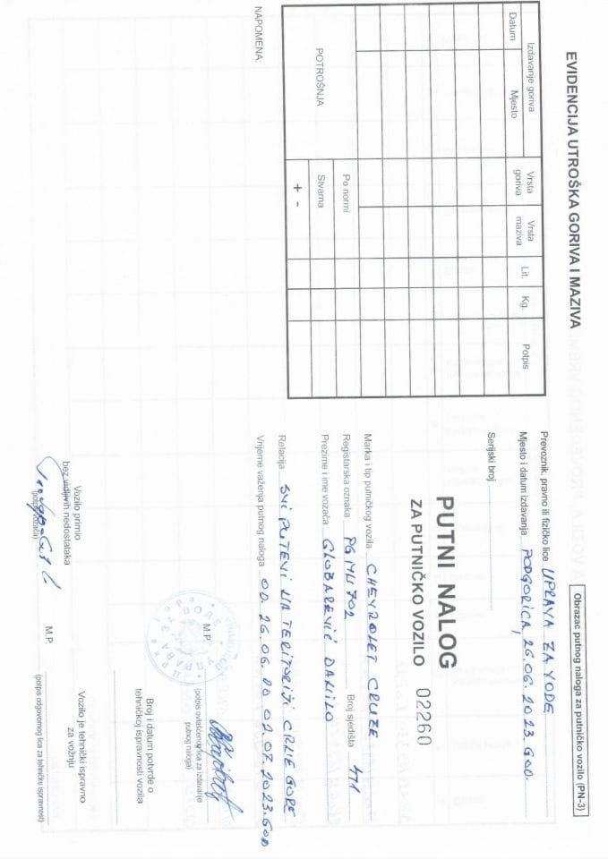 Putni nalog za korišćenje službenog vozila PG MN702 26.06.-02.07.2023. godine