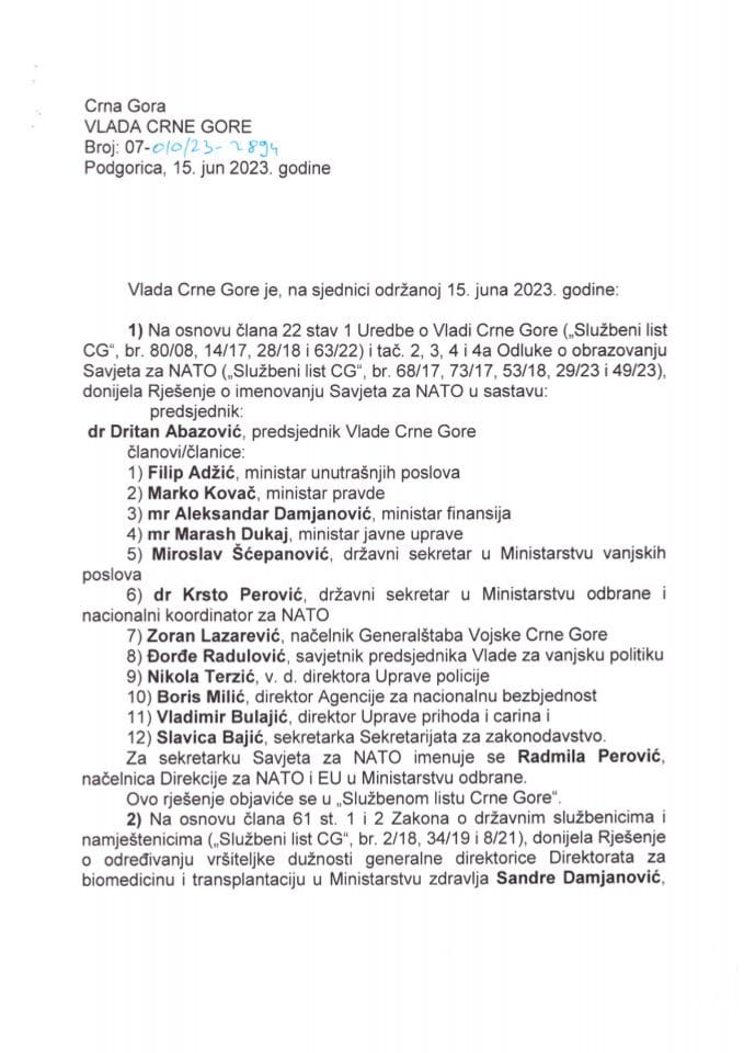 Kadrovska pitanja - 57. sjednica Vlade Crne Gore - zaključci