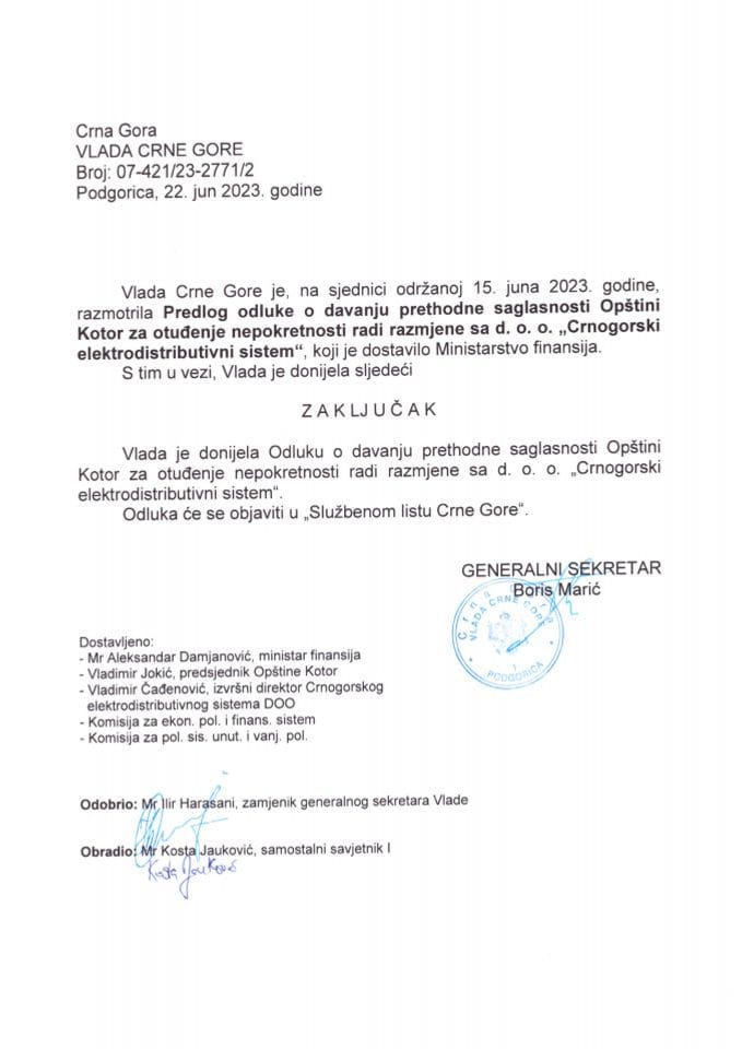 Предлог одлуке о давању претходне сагласности Општини Котор за отуђење непокретности - размјену са д.о.о. „Црногорски електродистрибутивни систем“ - закључци