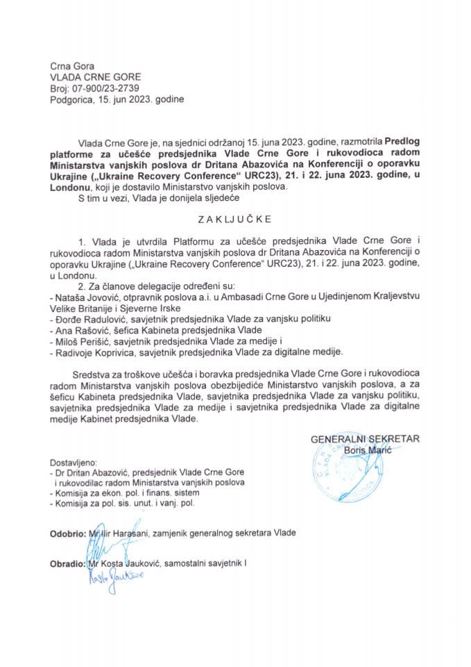 Predlog platforme za učešće predsjednika Vlade Crne Gore i rukovodioca radom Ministarstva vanjskih poslova dr Dritana Abazovića na Konferenciji o oporavku Ukrajine 21-22. jun 2023, London - zaključci