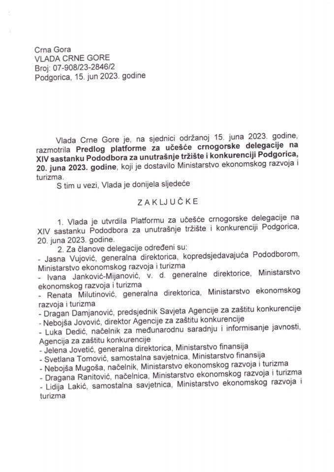 Predlog platforme za učešće crnogorske delegacije na XIV sastanku Pododbora za unutrašnje tržište i konkurenciju, Podgorica, 20. jun 2023. godine, hibridni format - zaključci