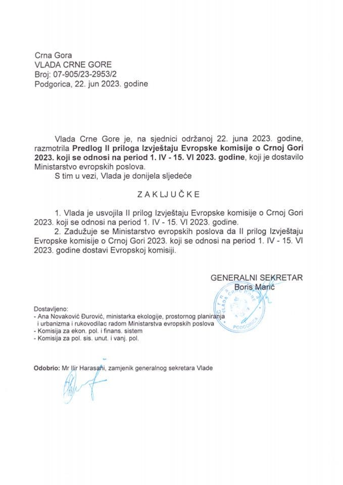 Predlog II priloga Izvještaju Evropske komisije o Crnoj Gori 2023. koji se odnosi na period 1. IV - 15. VI 2023. godine - zaključci