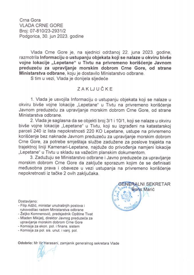 Informacija o ustupanju objekata koji se nalaze u okviru bivše vojne lokacije „Lepetane“ u Tivtu na privremeno korišćenje Javnom preduzeću za upravljanje morskim dobrom Crne Gore, od strane Ministarstva odbrane - zaključci