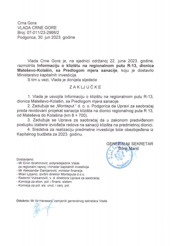 Informacija o klizištu na regionalnom putu R-13, dionica Mateševo-Kolašin, sa predlogom mjera sanacije - zaključci