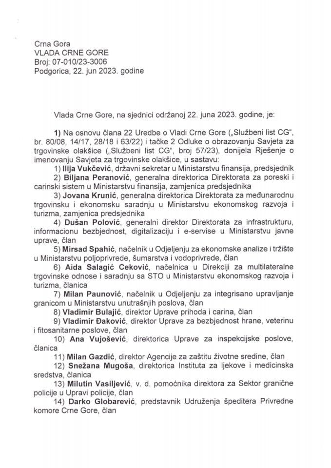 Kadrovska pitanja sa 58. sjednice Vlade Crne Gore - zaključci