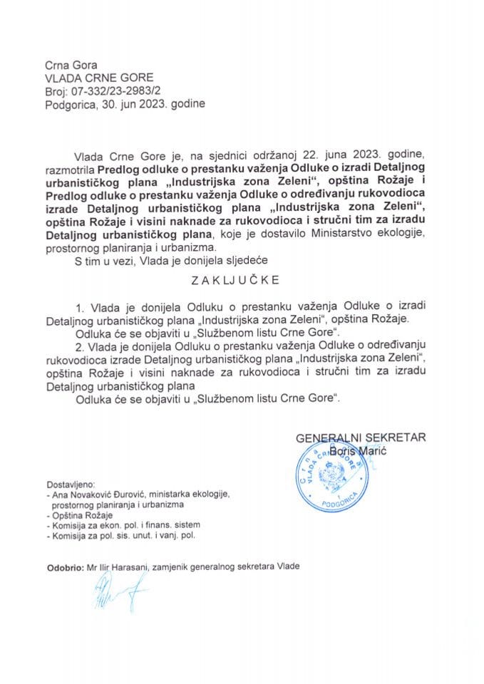 Приједлог одлуке о престанку важења Одлуке о изради Детаљног урбанистичког плана „Индустријска зона Зелени”, општина Рожаје и Приједлог одлуке о престанку важења Одлуке о одређивању руководиоца израде Детаљног урбанистичког плана