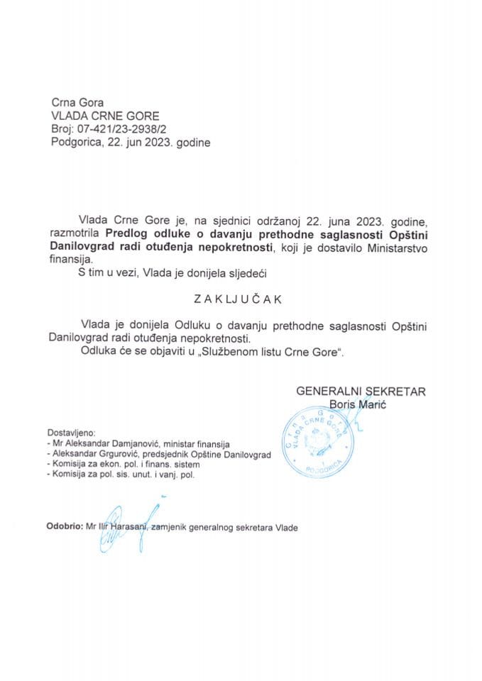 Prijedlog odluke o davanju prethodne saglasnosti Opštini Danilovgrad za otuđenje nepokretnosti (bez rasprave) - zaključci