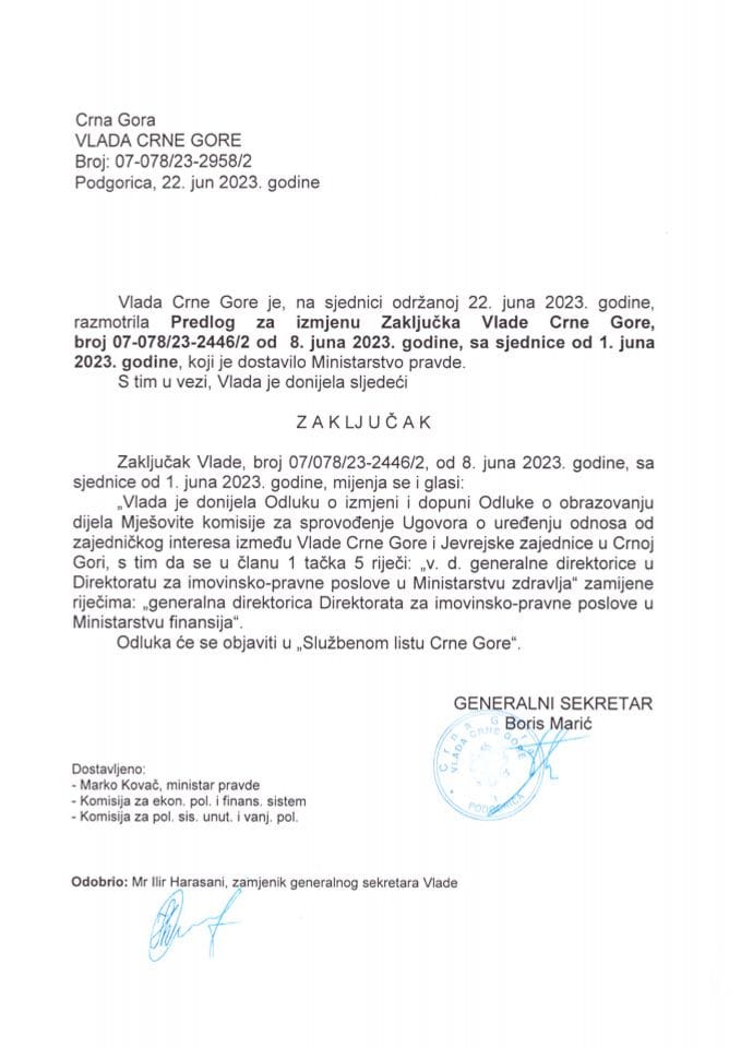 Prijedlog za izmjenu Zaključka Vlade Crne Gore, broj 07-078/23-2446/2 od 8. juna 2023. godine, sa sjednice 1. juna 2023. godine (bez rasprave) - zaključci