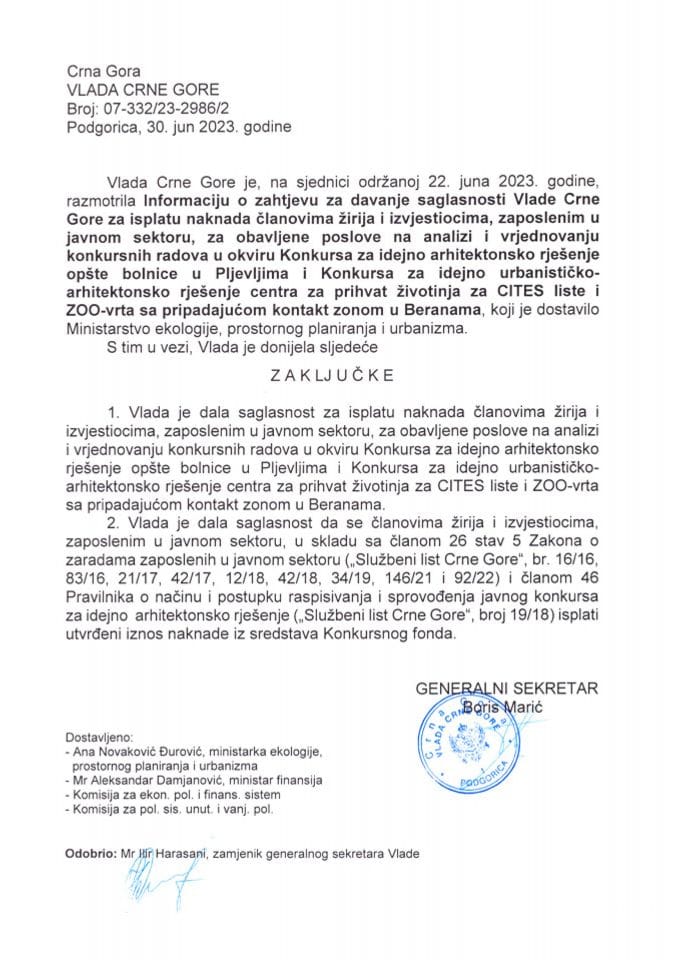 Informacija o zahtjevu za davanje saglasnosti Vlade Crne Gore za isplatu naknada članovima žirija i izvjestiocima, zaposlenim u javnom sektoru, za obavljene poslove na analizi i vrjednovanju konkursnih radova (bez rasprave) - zaključci