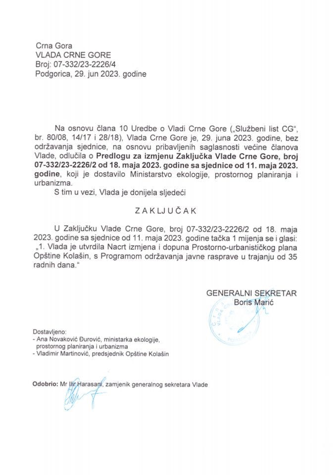 Prijedlog za izmjenu Zaključka Vlade Crne Gore, broj 07-332/23-2226/2 od 18. maja 2023. godine sa sjednice od 11. maja 2023. godine - zaključci