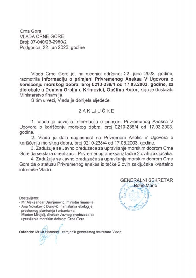 Informacija o statusu Privremenog Aneksa Ugovora o korišćenju morskog dobra , broj 0210-23874 od 17.03.2023. godine, za dio obale u Donjem Grblju u Krimovici, Opština Kotor - zaključci