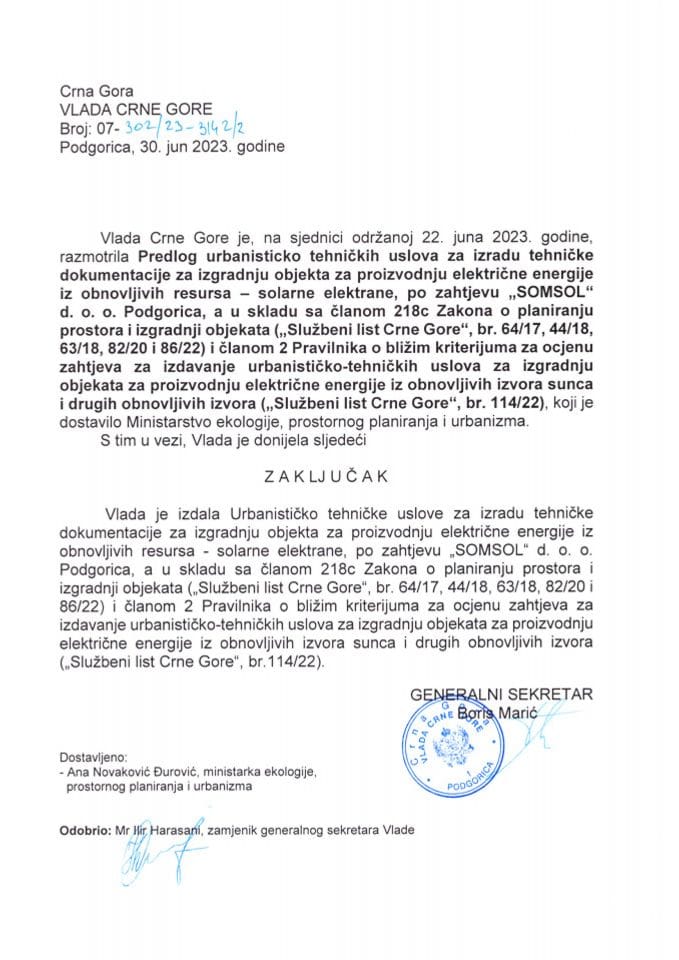 ПРЕДЛОГ УРБАНИСТИЧКО ТЕХНИЧКИХ УСЛОВА за израду техничке документације за изградњу објекта за производњу електричне енергије из обновљивих ресурса – соларне електране, по захтјеву „СОМСОЛ“ д.о.о. Подгорица