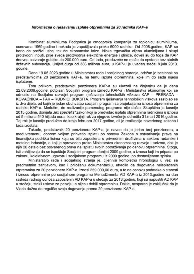 Информација о рјешавању исплате отпремнина за 20 радника Комбината алуминијума Подгорица