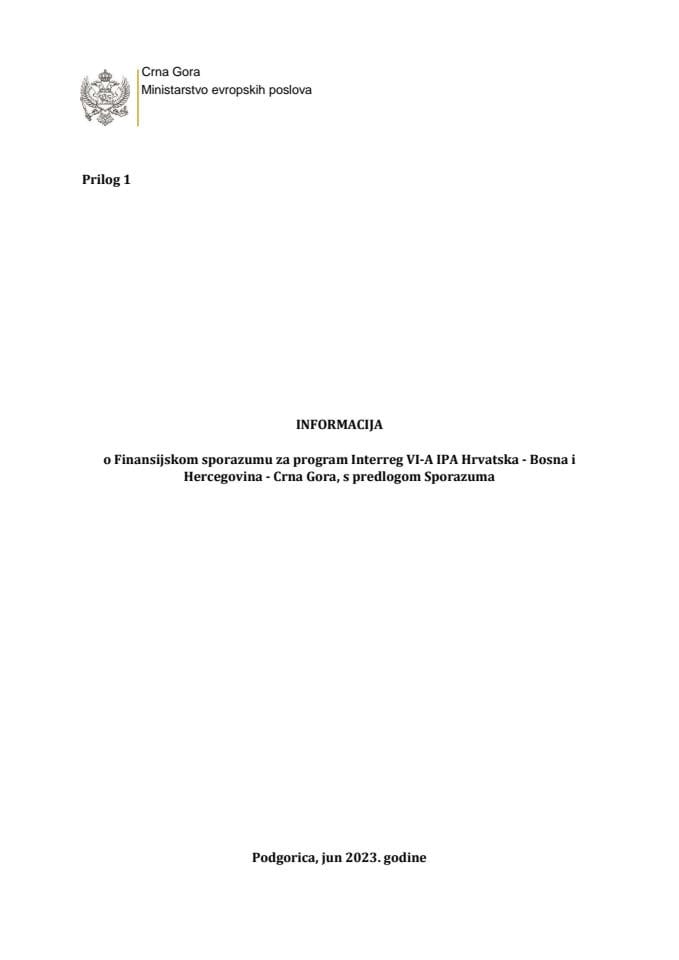 Информација о Финансијском споразуму за програм Interreg VI-A IPA Хрватска – Босна и Херцеговина – Црна Гора с Предлогом споразума