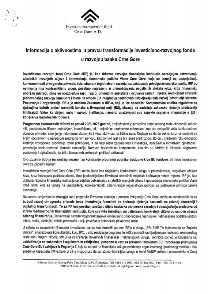 Информација о активностима у правцу трансформације Инвестиционо развојног фонда Црне Горе АД у Развојну банку Црне Горе