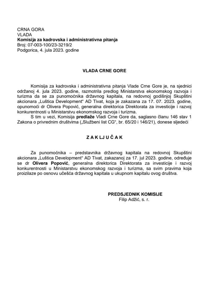 Предлог за одређивање пуномоћника – представника државног капитала на редовној Скупштини акционара „Luštica Development“ АД Тиват