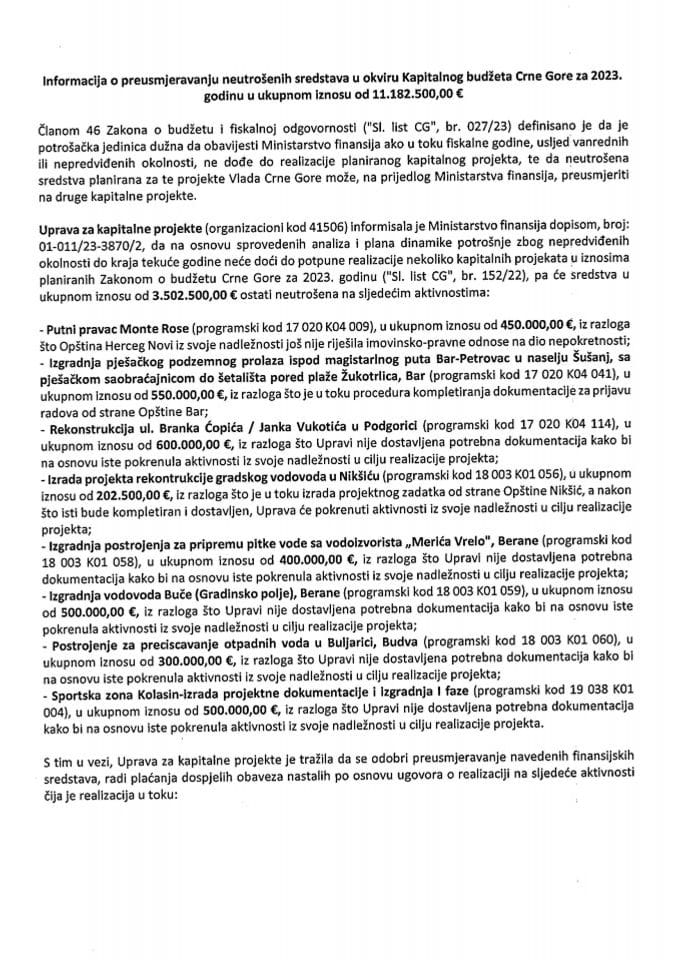 Информација о преусмјеравању неутрошених средстава у оквиру Капиталног буџета Црне Горе за 2023. годину у укупном износу од 11.182.500,00 €