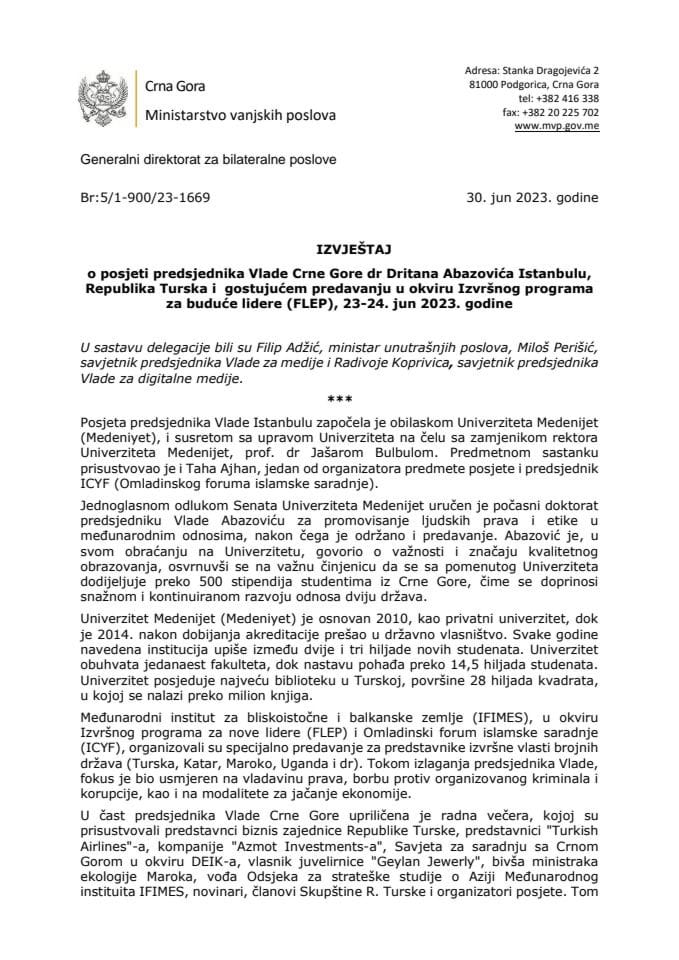 Извјештај о посјети предсједника Владе Црне Горе др Дритана Абазовића Истанбулу, Република Турска и гостујућем предавању у оквиру Извршног програма за будуће лидере (FLEP), 23-24. јун 2023. године