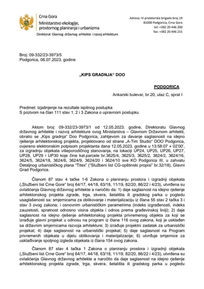 Obavještenja - Saglasnosti glavnog državnog arhitekte - 09-332/23-3973/5 - KIPS GRADNJA DOO, Podgorica -Glavni grad Podgorica