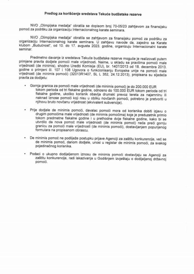 Predlog za korišćenje sredstava Tekuće budžetske rezerve