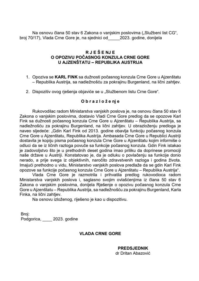 Predlog za opoziv počasnog konzula Crne Gore u Ajzenštatu, Republika Austrija