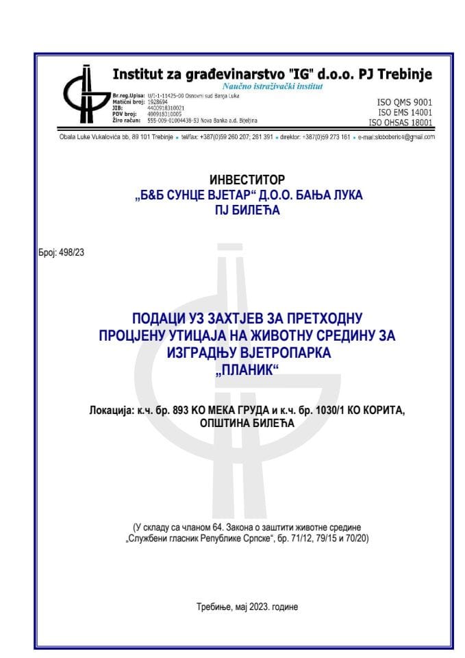 Podaci za projekat vjetroparka Planik opština Bileća