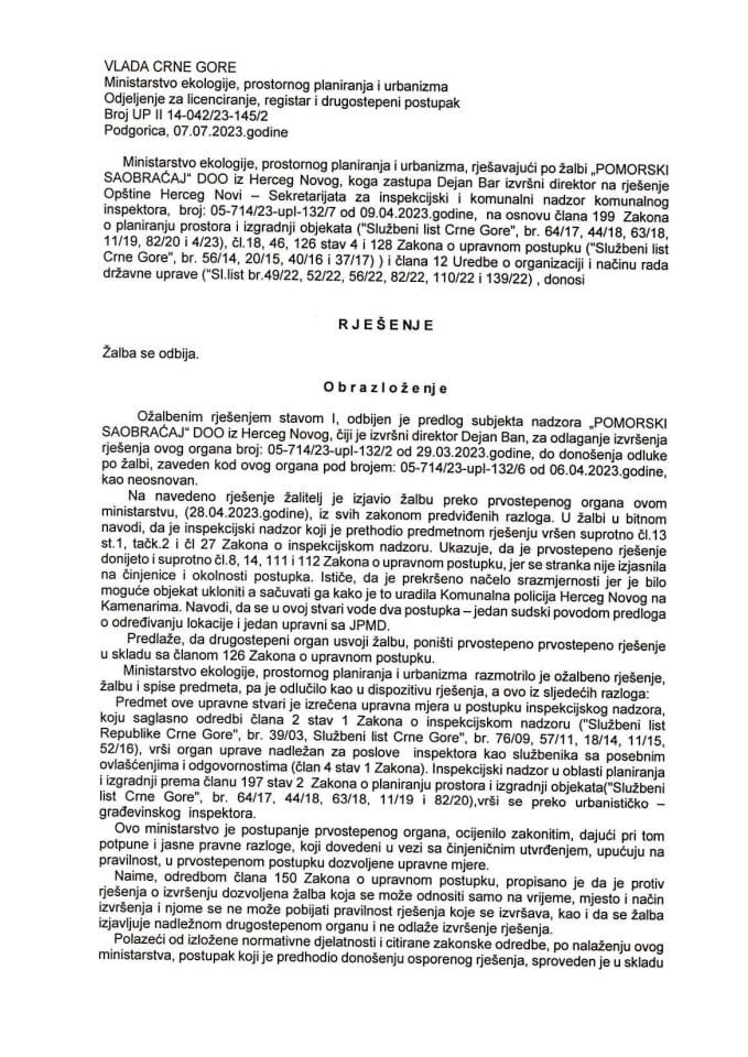 Drugostepeno rješenje - UPII 14-042-23-145-2 DOO POMORSKI SAOBRAĆAJ