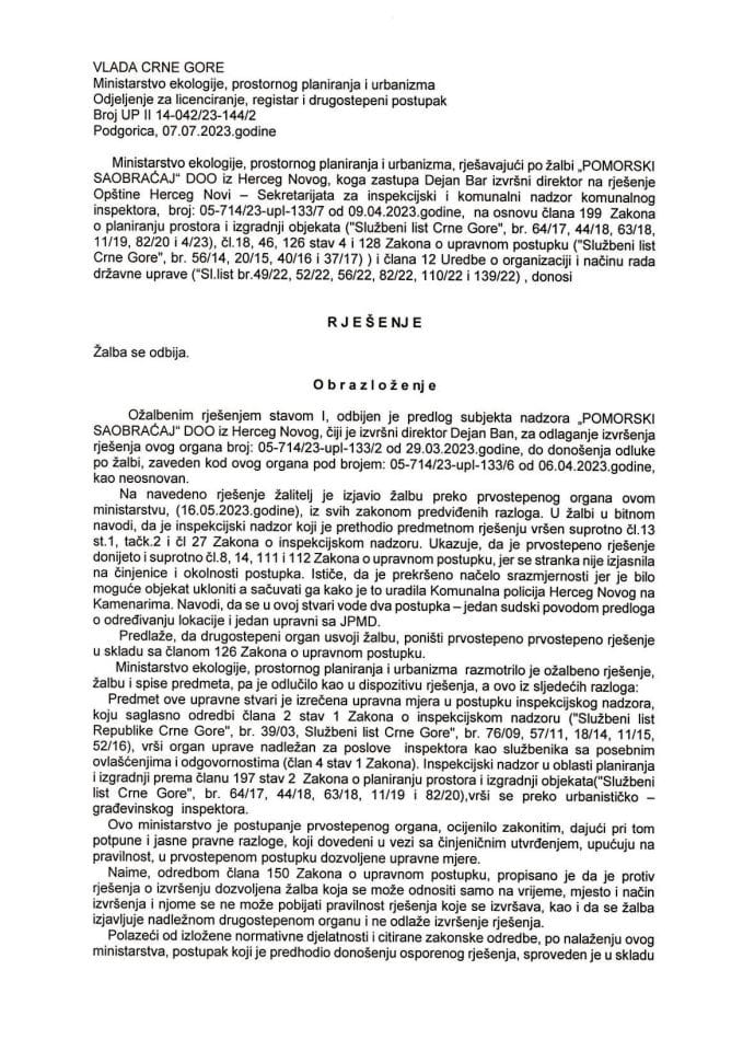 Drugostepeno rješenje - UPII 14-042-23-144-2 DOO POMORSKI SAOBRAĆAJ