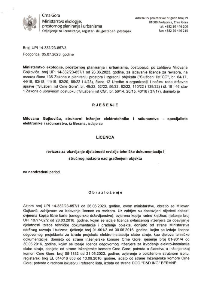 Licenca revizora za elektrotehničku djelatnost - UPI 14-332-23-857-3 MILOVAN GOJKOVIĆ