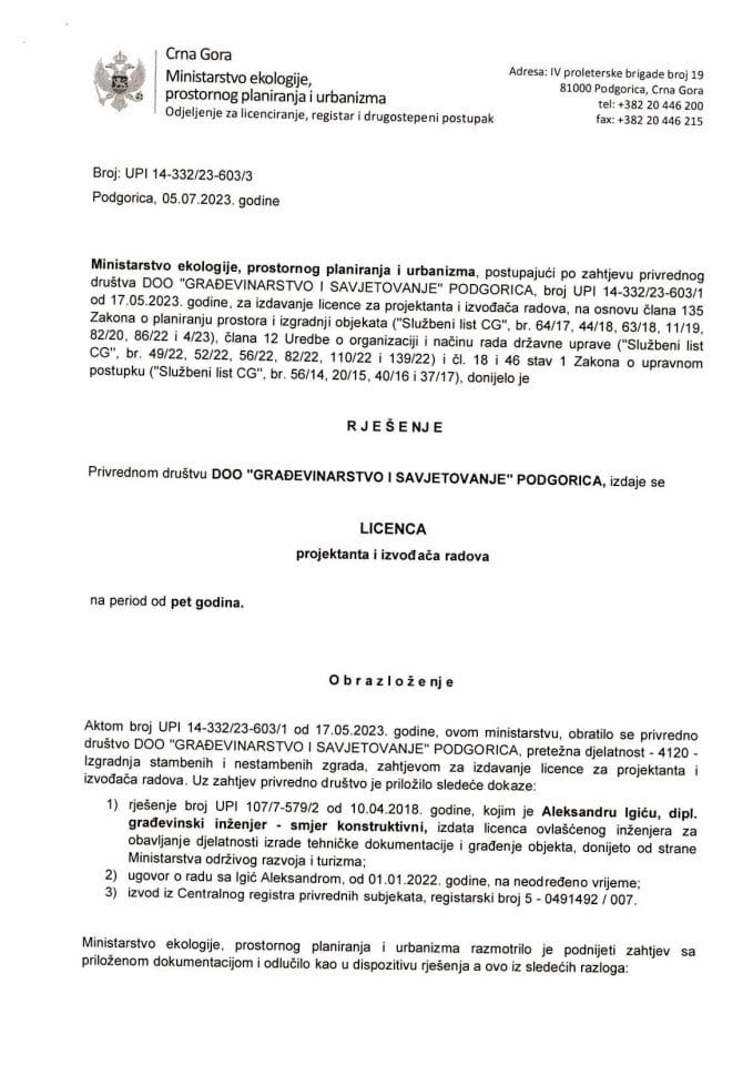 Licence projektanata i izvođača radova - UPI 14-332-23-603-3 DOO GRAĐEVINARSTVO I SAVJETOVANJE