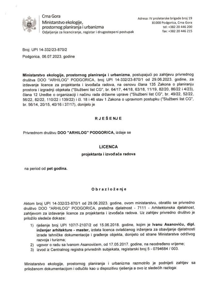 Licence projektanata i izvođača radova - UPI 14-32-26-870-2 DOO ARHILOG