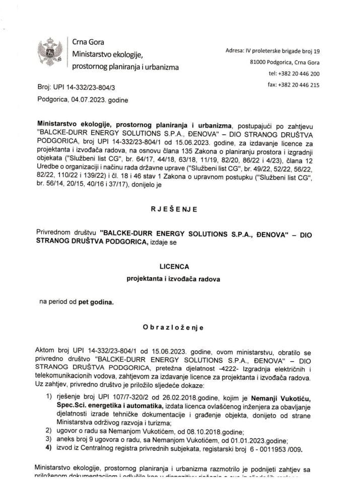 Licence projektanata i izvođača radova - UPI 14-332-23-804-3 BALCKE -DURR ENERGY SOLUTIONS S.P. A. ĐENOVA -DSD