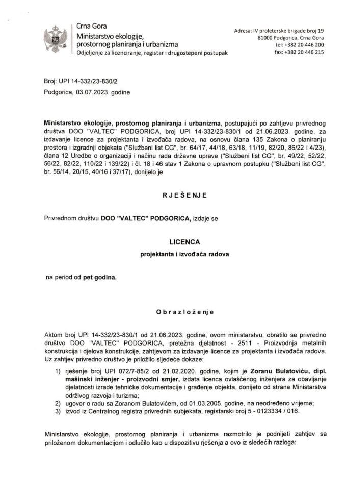 Licence projektanata i izvođača radova - UPI 14-332-23-830-2 DOO VALTEC