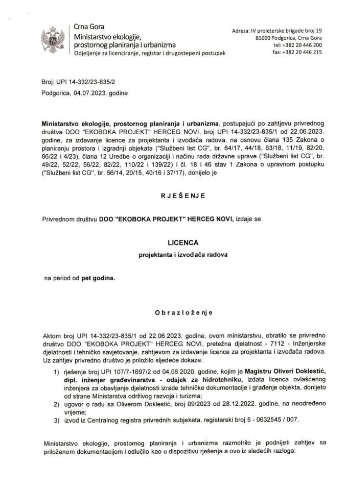 Licence projektanata i izvođača radova - UPI 14-332-23-835-2 DOO EKOBOKA  PROJEKT