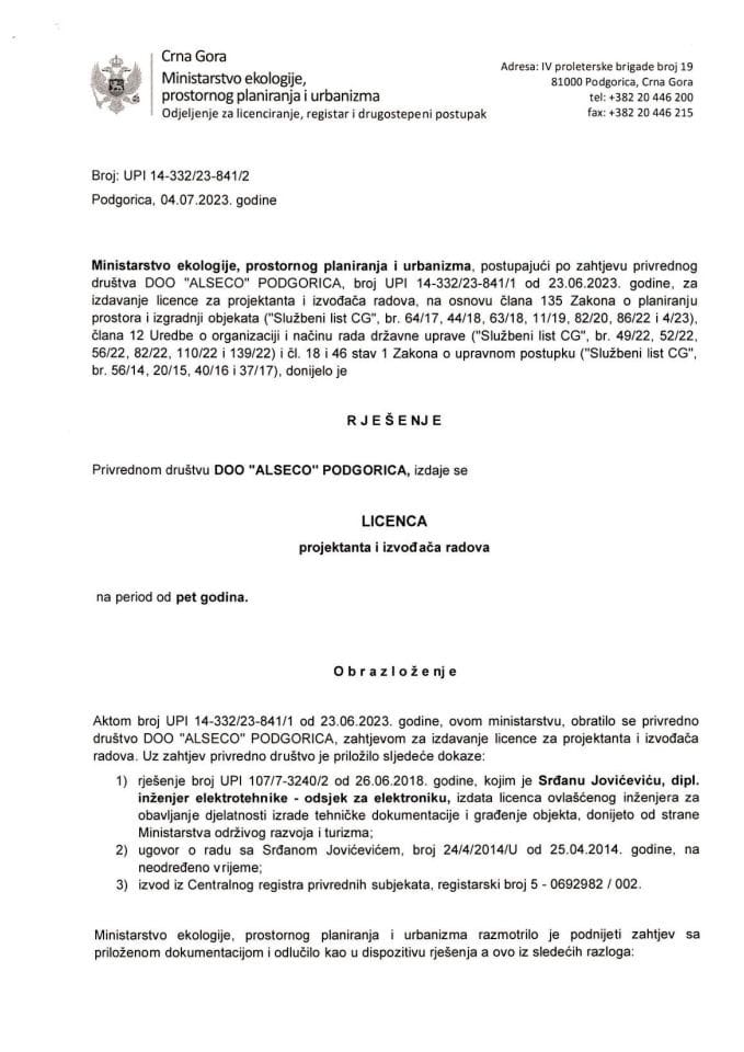 Licence projektanata i izvođača radova - UPI 14-332-23-841-2 DOO ALSECO