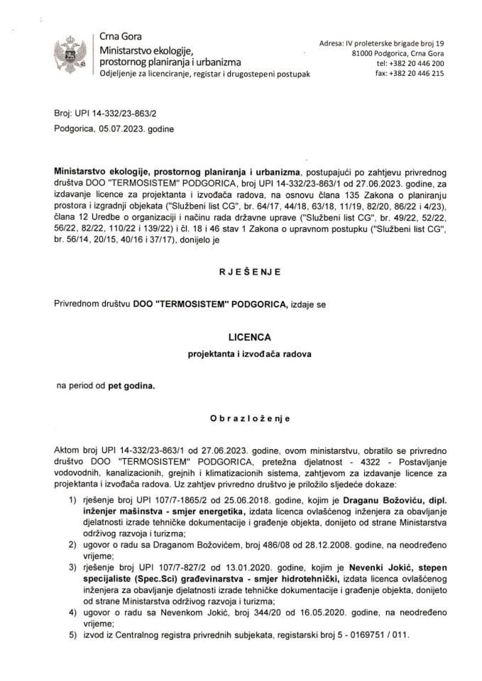 Licence projektanata i izvođača radova - UPI 14-332-23-863-2 DOO TERMOSISTEM