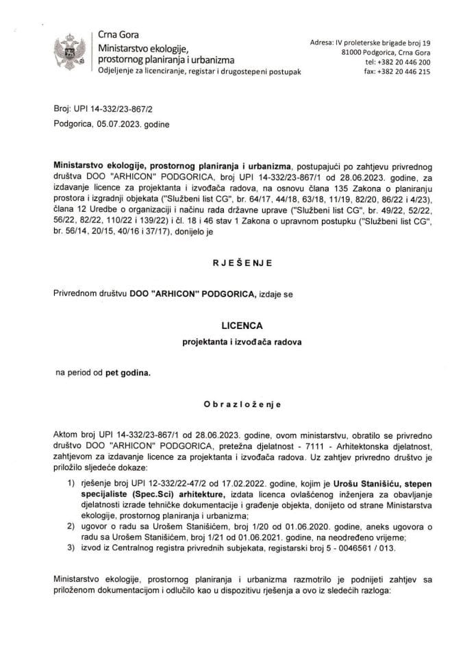 Licence projektanata i izvođača radova - UPI 14-332-23-867-2 DOO ARHICON