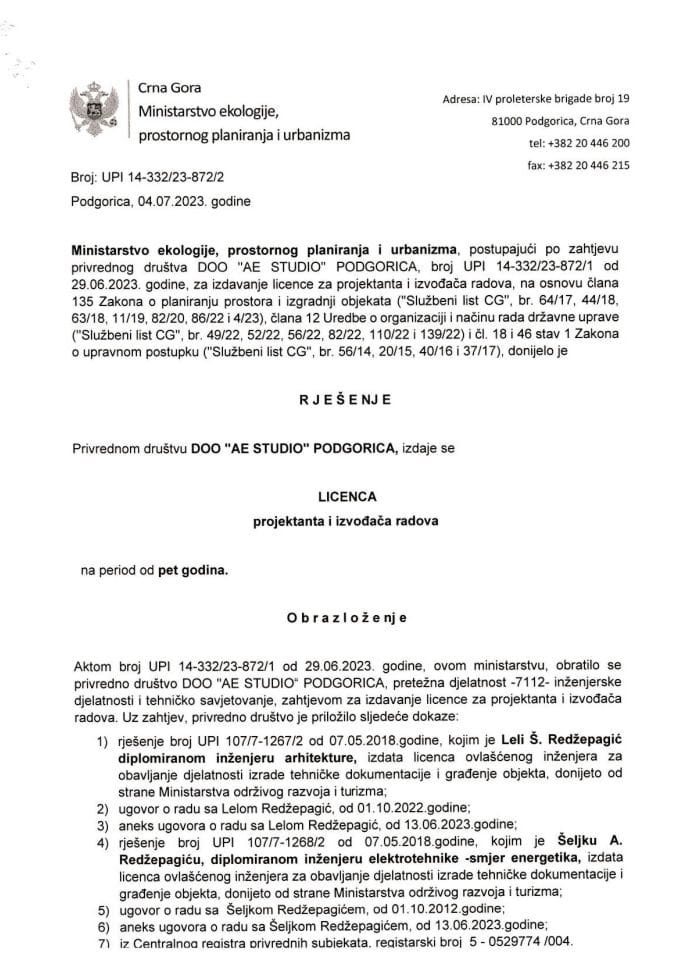 Licence projektanata i izvođača radova - UPI 14-332-23-872-2 DOO AE STUDIO