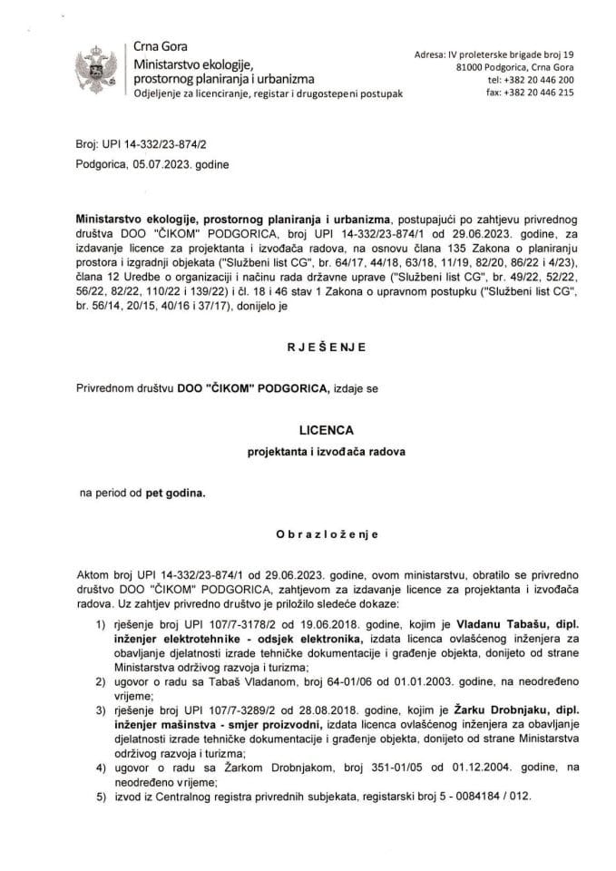 Licence projektanata i izvođača radova - UPI 14-332-23-874-2 DOO ČIKOM