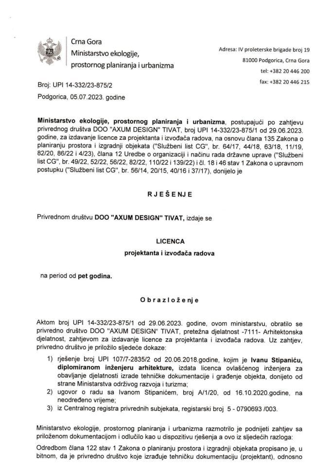 Licence projektanata i izvođača radova - UPI 14-332-23-875-2 DOO AXSUM DESIGN
