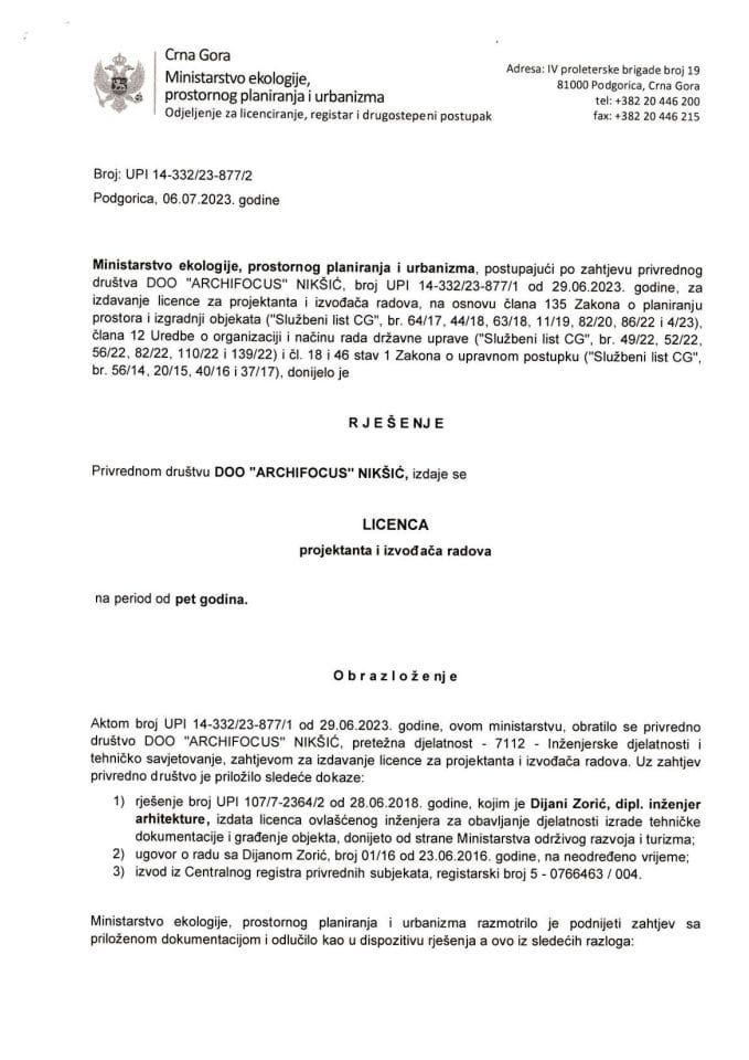Licence projektanata i izvođača radova - UPI 14-332-23-877-2 DOO ARCHIFOCUS