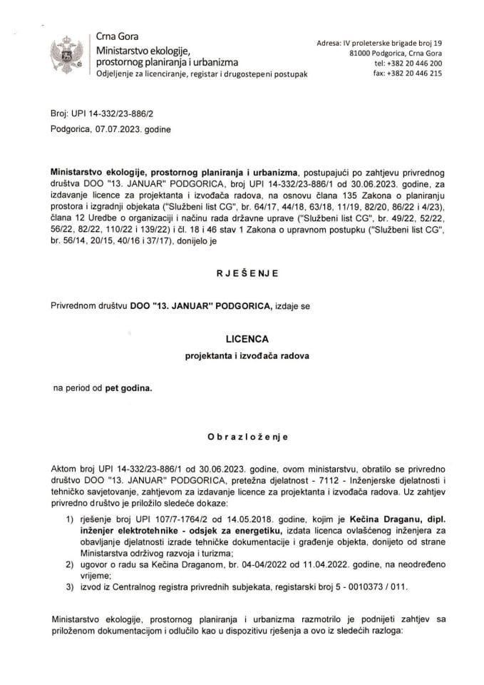 Licence projektanata i izvođača radova - UPI 14-332-23-886-2 DOO 13. JANUAR