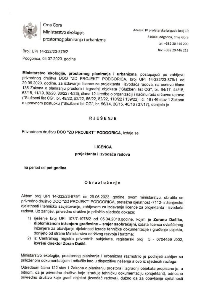 Licence projektanata i izvođača radova - UPI 14-332-23-879-2 DOO ZD PROJEKT