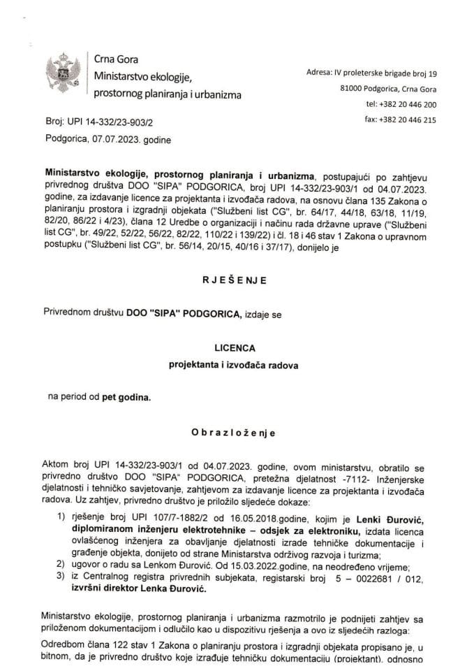 Licence projektanata i izvođača radova - UPI 14-332-23-903-2 DOO SIPA